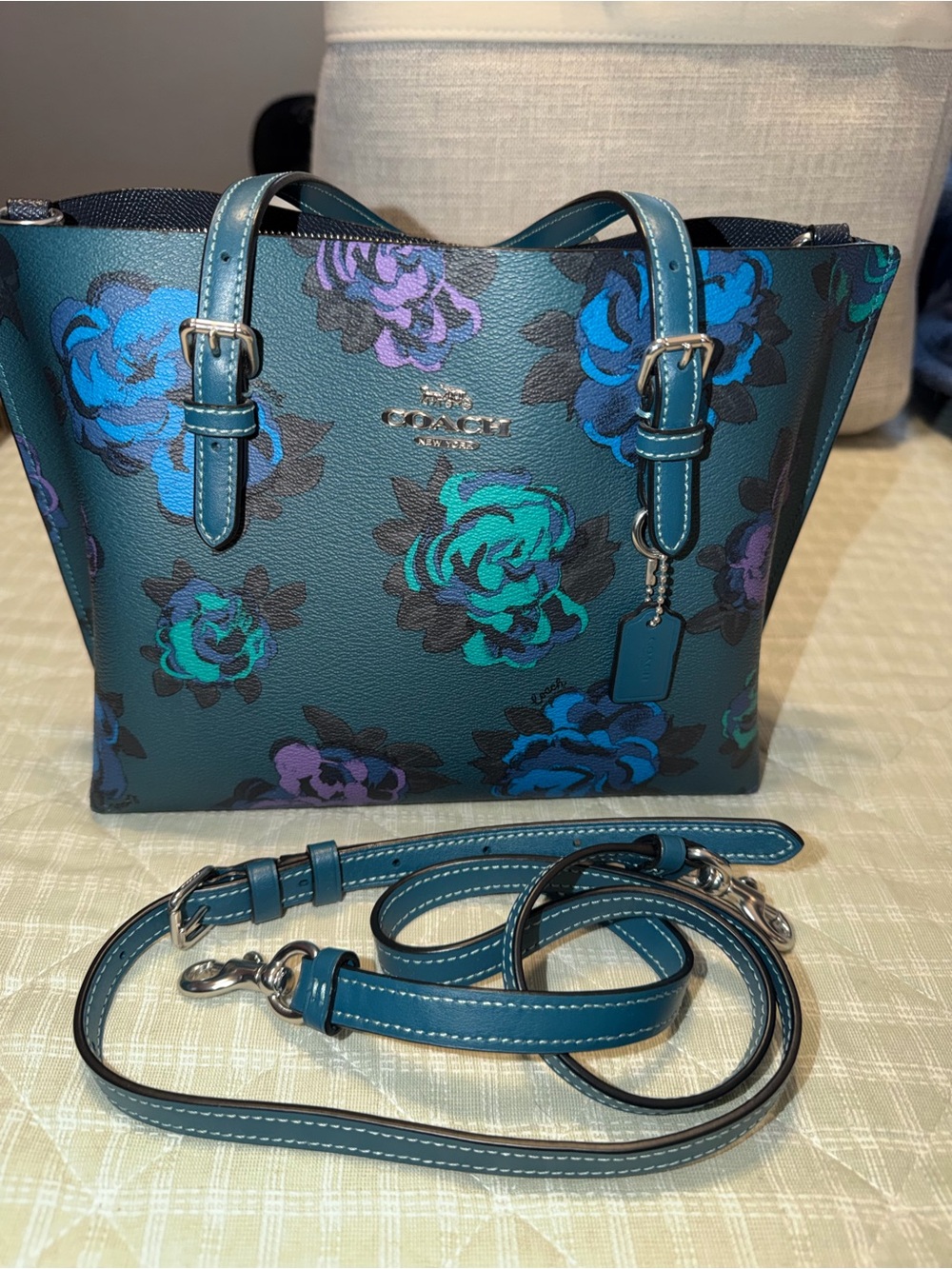 Coach Floral Leather Tote with Teal and Blue Accents - Picture 7 of 8